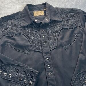 Scully Western Shirt Black Embroidered Pearl Snap Long Sleeve Mens Medium